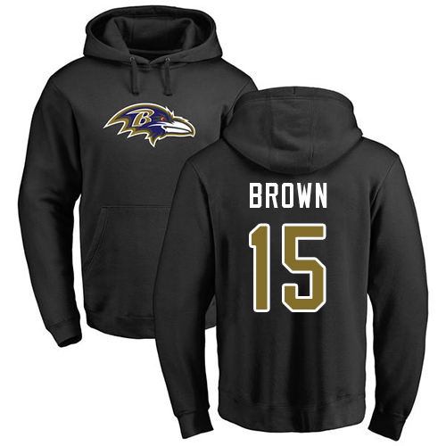 Men Baltimore Ravens Black Marquise Brown Name and Number Logo NFL Football #15 Pullover Hoodie Sweatshirt->nfl t-shirts->Sports Accessory